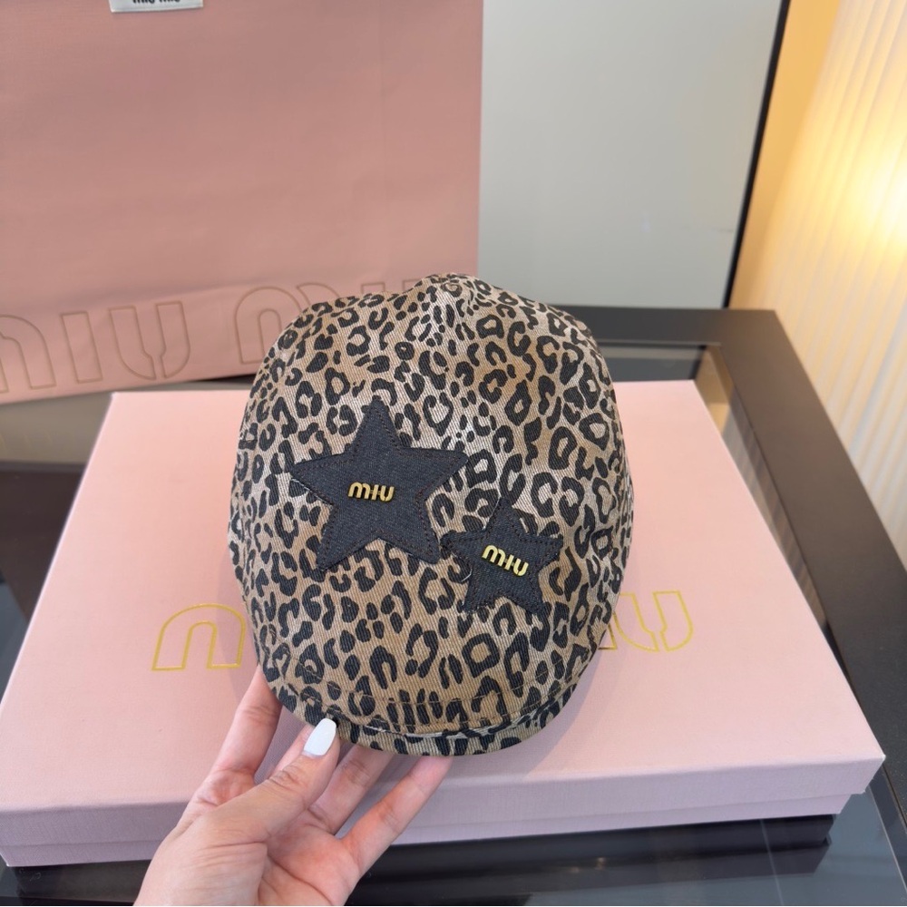 Miu Miu Leopard Print Kids Cap with Black Star Patches and Gold Logo